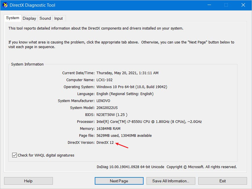 DirectX Diagnostic Tool System