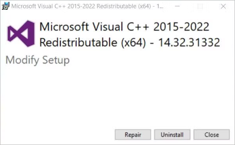 Microsoft Visual C++ redistributable package Repair