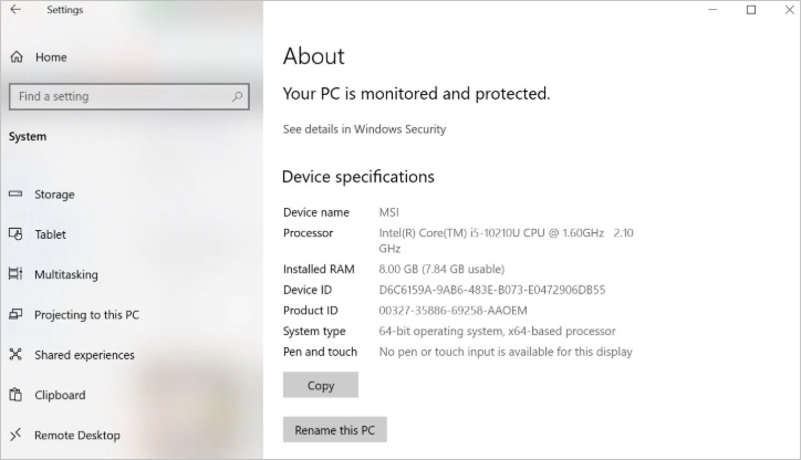 System-About-device specifications