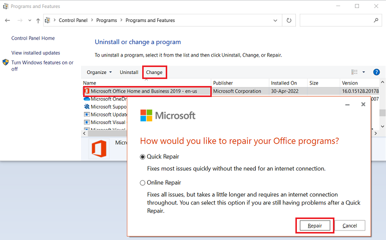 contral panel-programs-programs and features-Microsoft Office-change