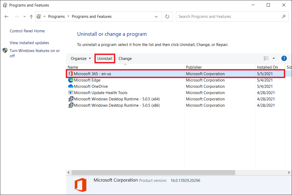 contral panel-programs-programs and features-Microsoft Office-uninstall