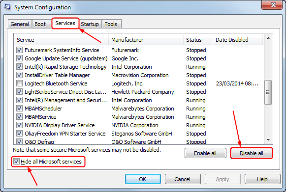 msconfig-system configuration- Services-Hide all Microsoft services