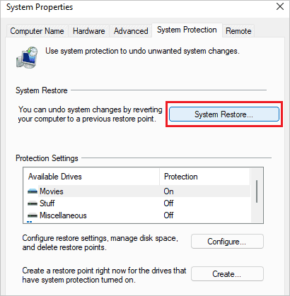 system properties-system restore