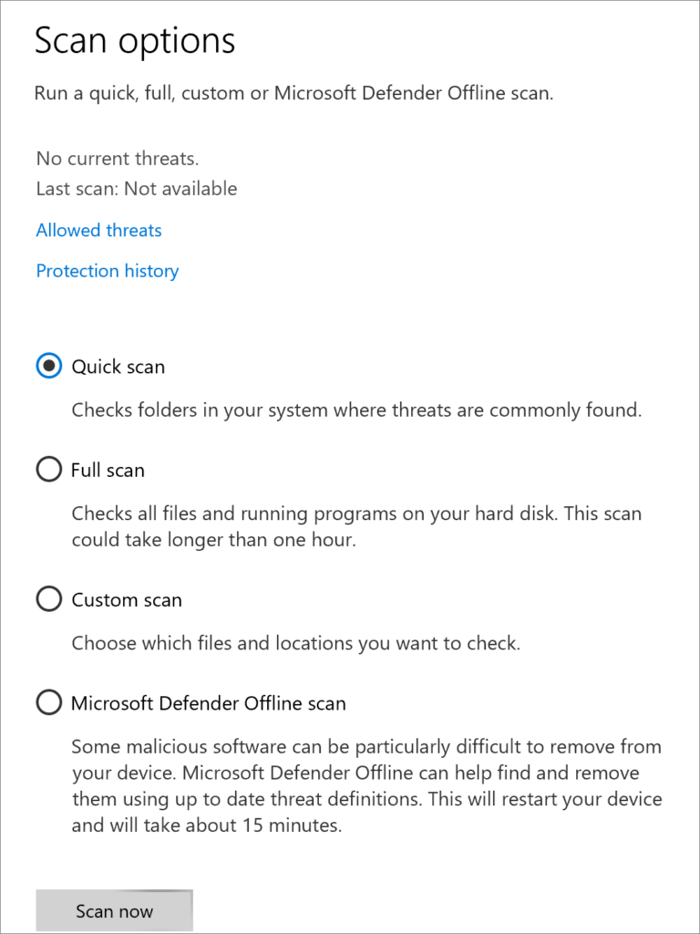 virus & threat protection-scan options