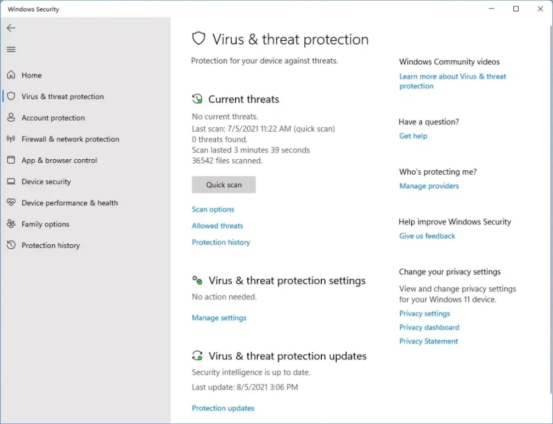 windows setting-Privacy & security-windows security-Open Windows Security-Quick scan
