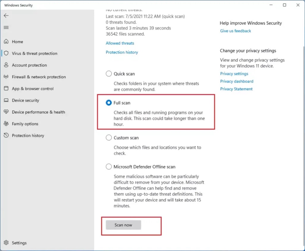 windows setting-Privacy & security-windows security-Virus & threat protection-scan options-full scan