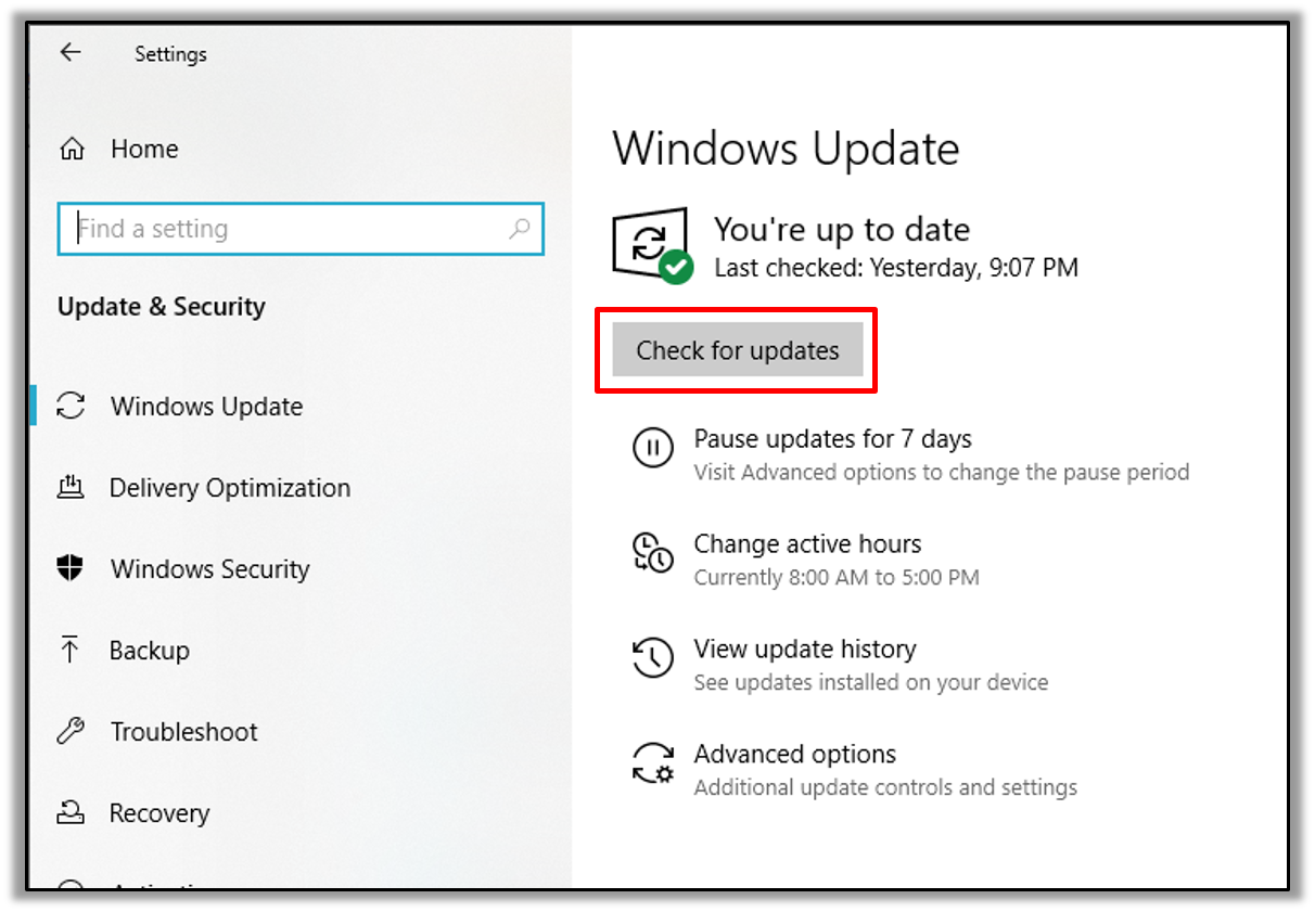 windows setting-update & security-check for update