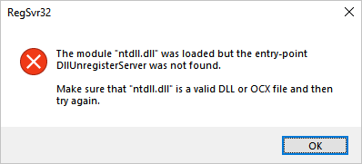 The module ntdll.dll was loaded but the entry-point DIIUnregisterServer was not found
