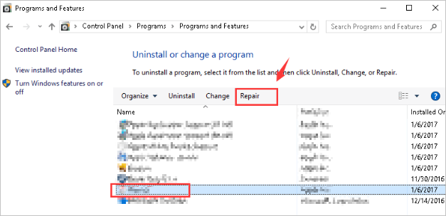 control panel-programs and features-repair 2