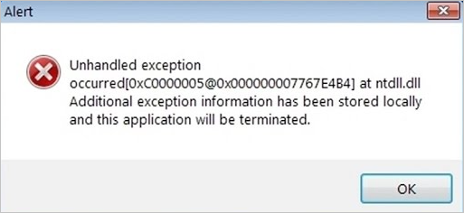 unhandled exception in ntdll.dll